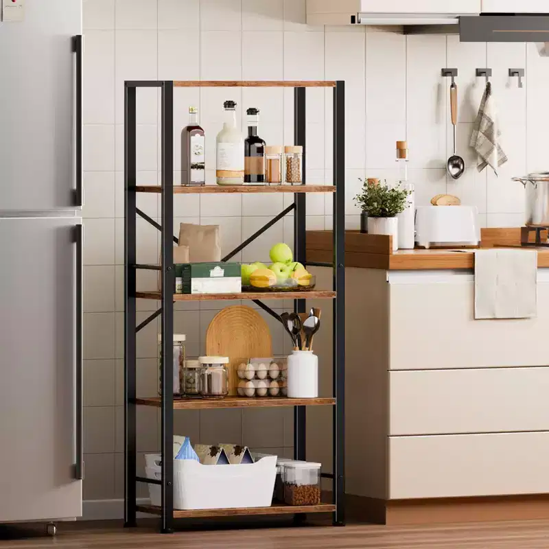 Qwatto Brown 5 Tier Tall Wide Bookshelf Wood Metal Industrial Open Display Shelving Unit Freestanding Etagere Bookcase Storage Organizer Living Room