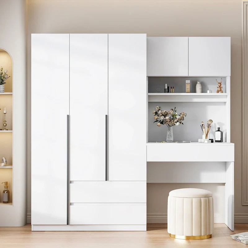 White 3-Door Wardrobe with Integrated Desk, 1-Person Bedroom Storage