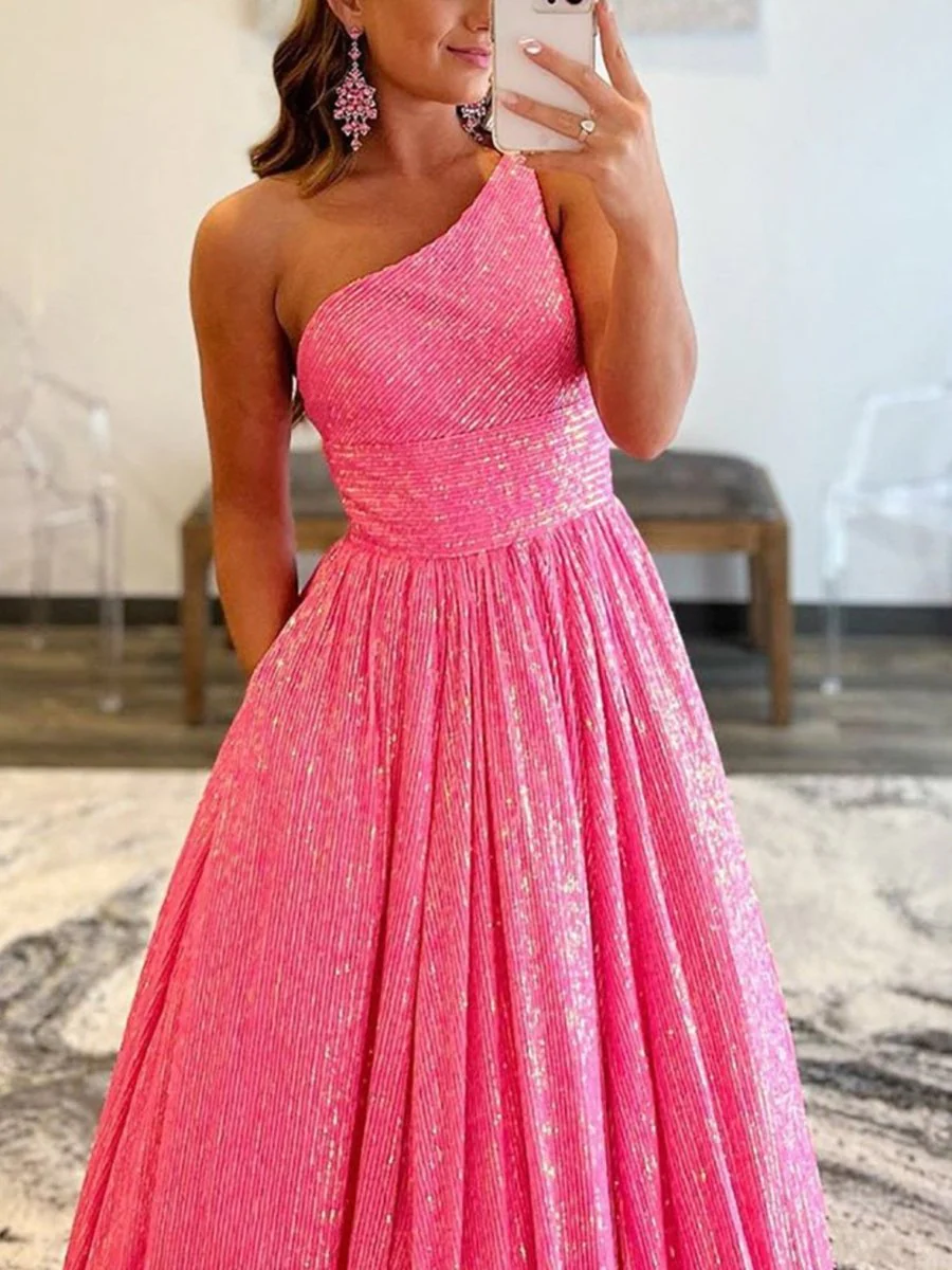 A-Line One Shoulder Sequins Prom Dress with Pockets