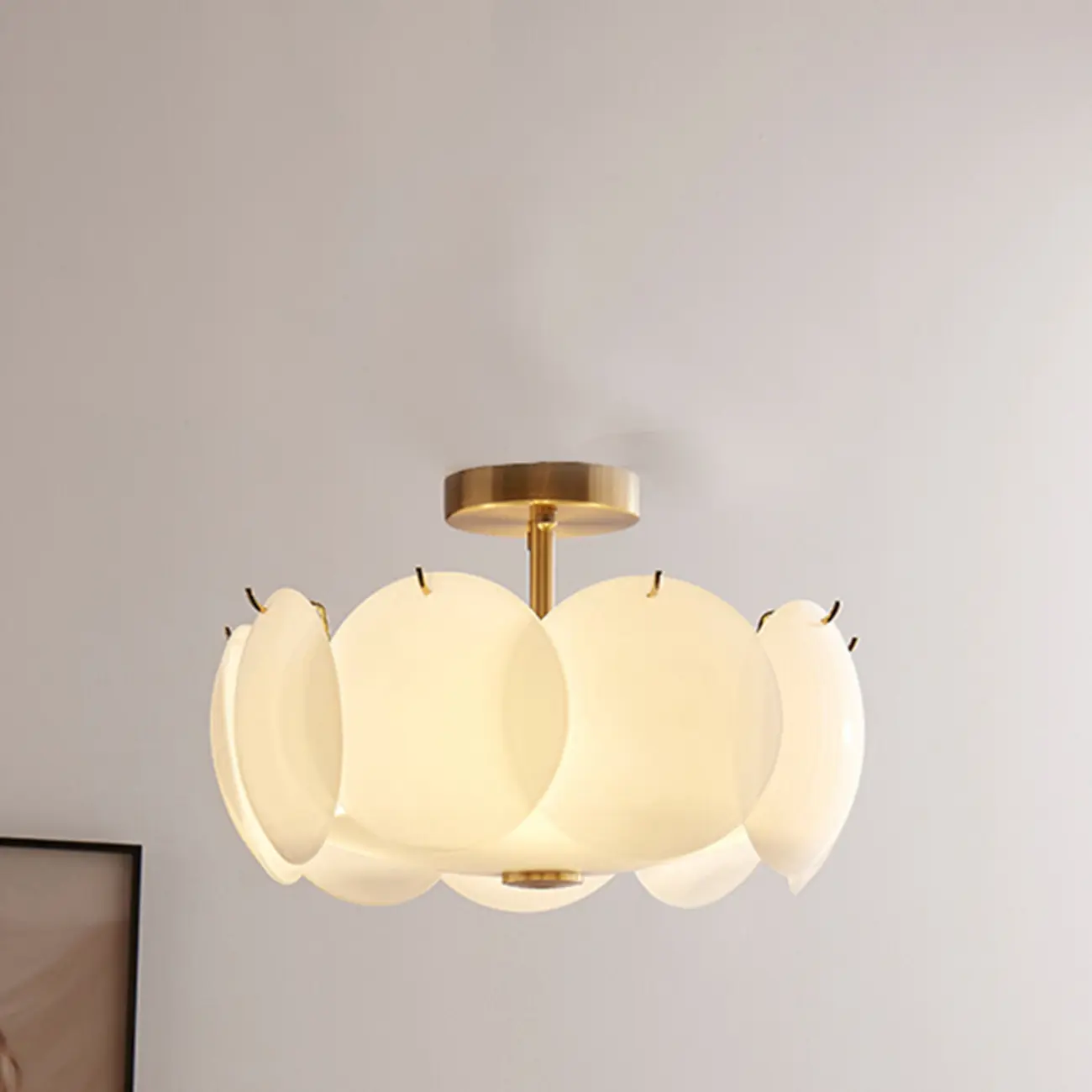 White Circle Glass Gold Semi Flush Mount Ceiling Light