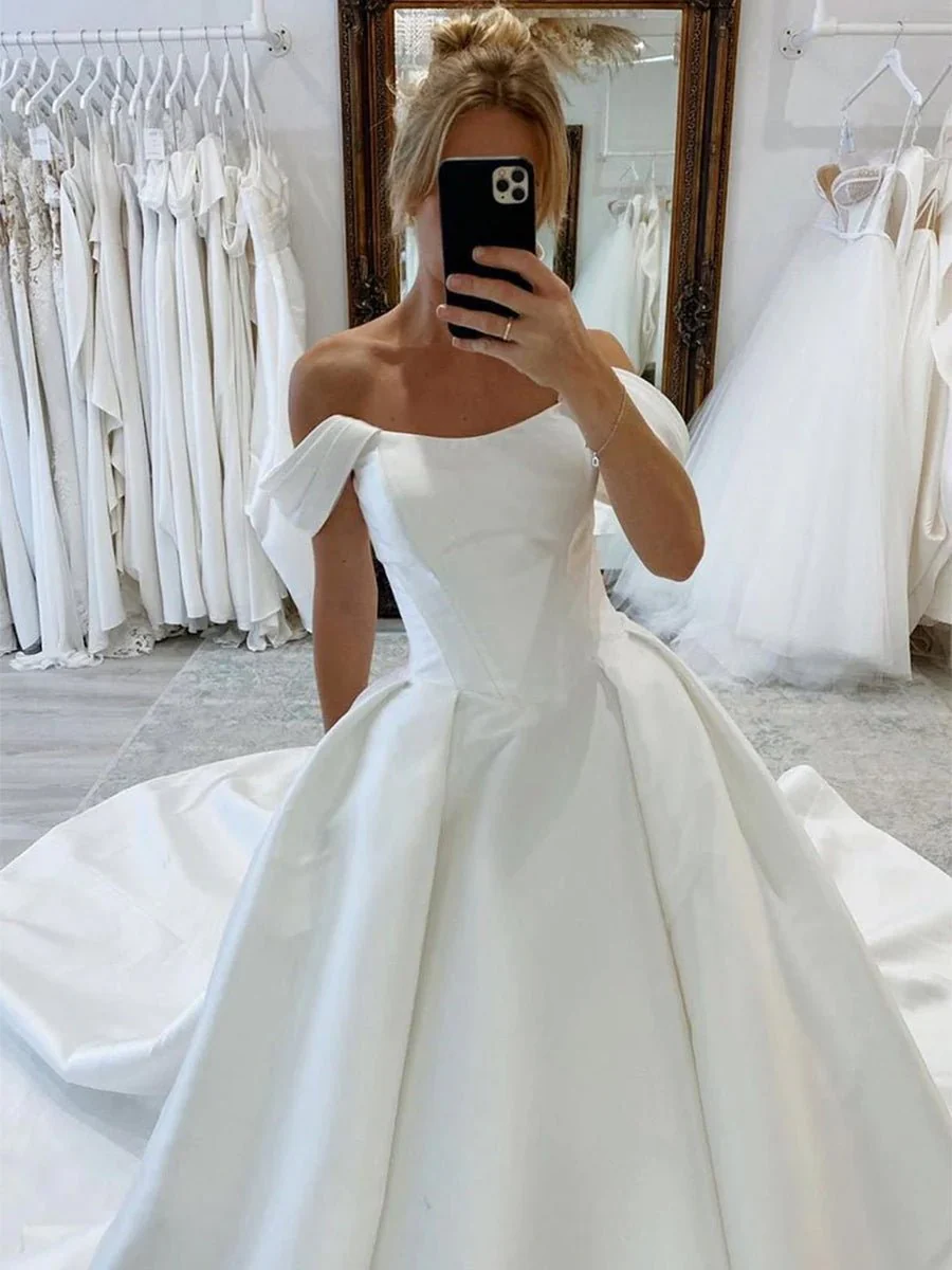 Elegant A-Line Off the Shoulder White Satin Wedding Dresses