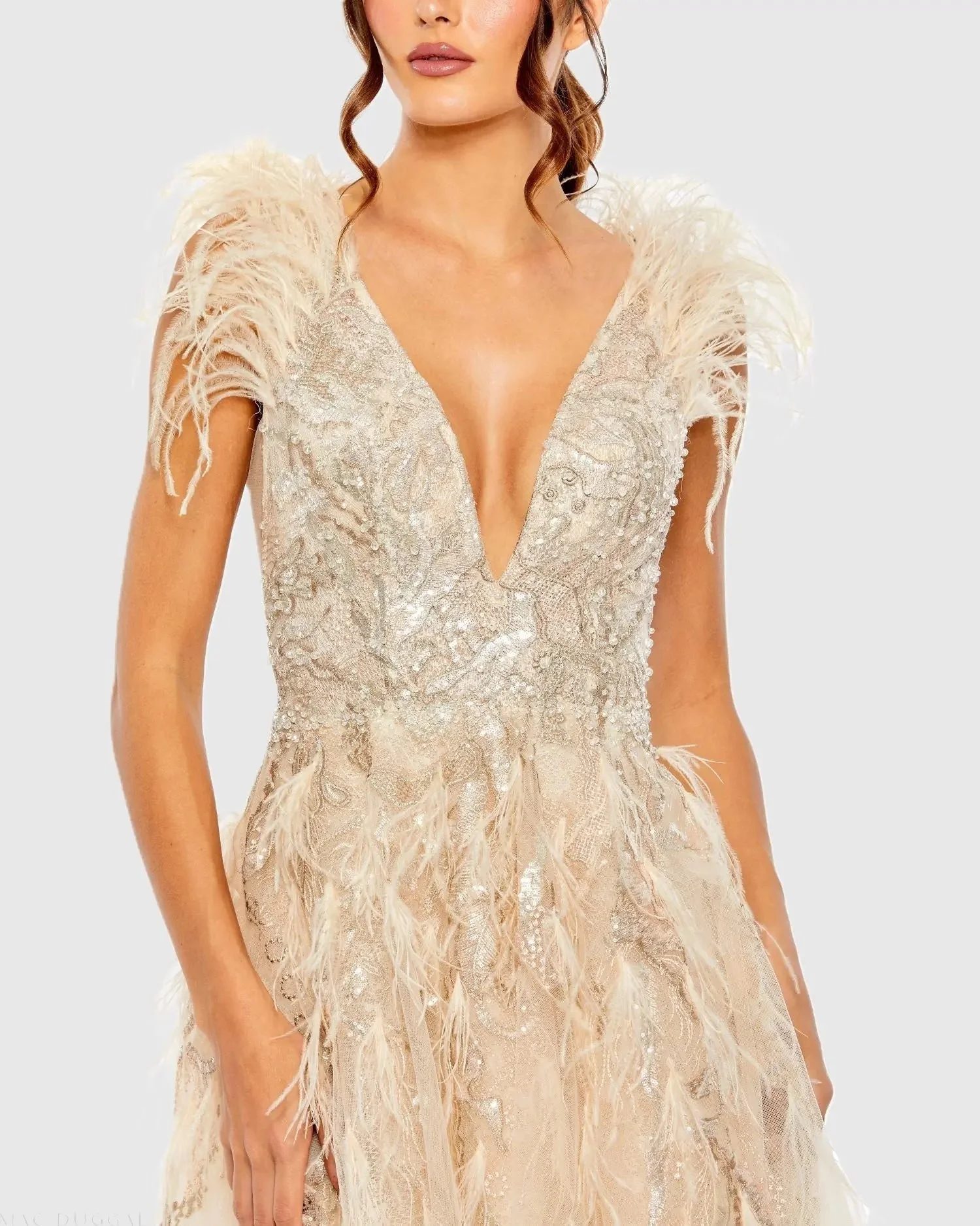 Beige Embellished Feathered Sleeveless A Line Gown