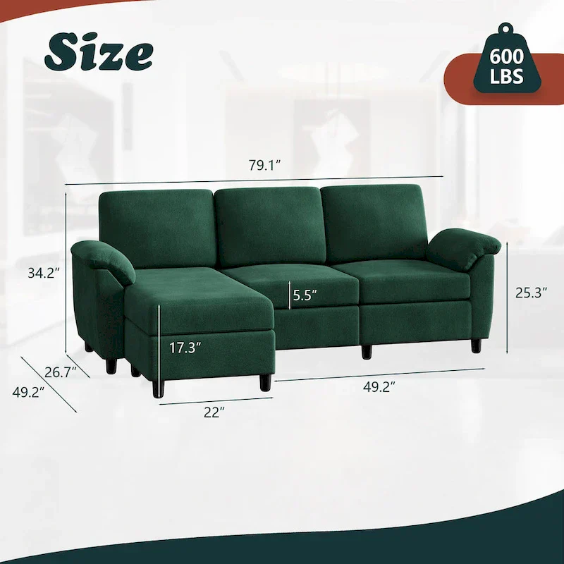 Futzca Sectional Sofa Couch, 3 Seat L Shaped Sofa with Removable Pillows