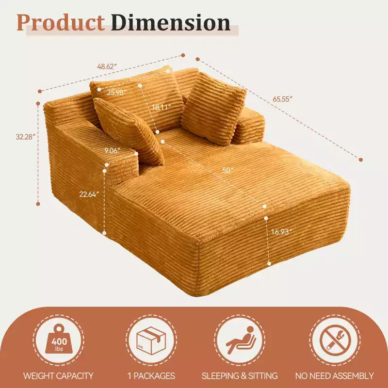 Efomao 66inx48in Chaise Longue Chair Indoor Modern Upholstered Corduroy Deep Seat Sofa Bed with Armrests No Assembly Required Orange