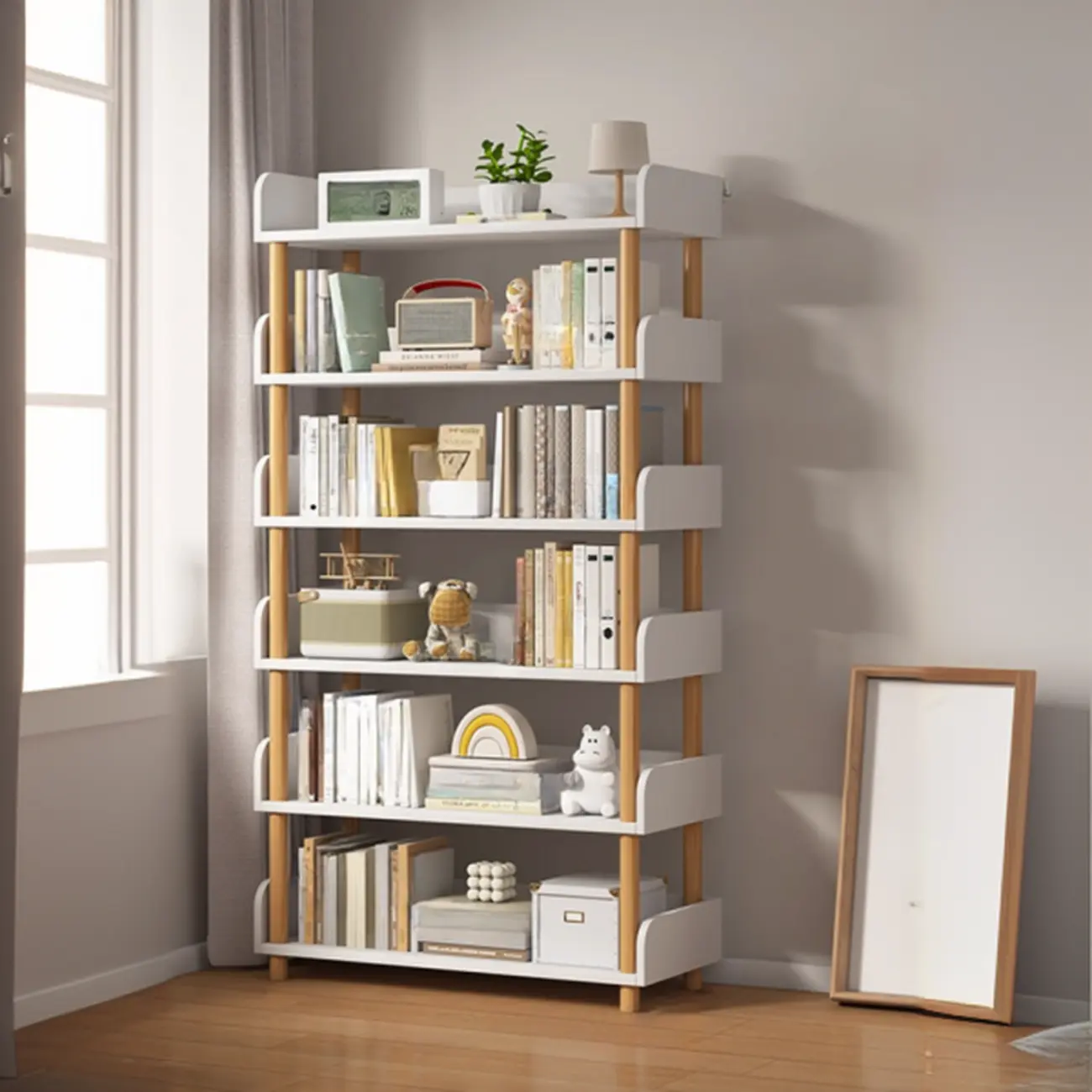 Vertical Natural Multi-Shelf Open Back Wood Bookcase