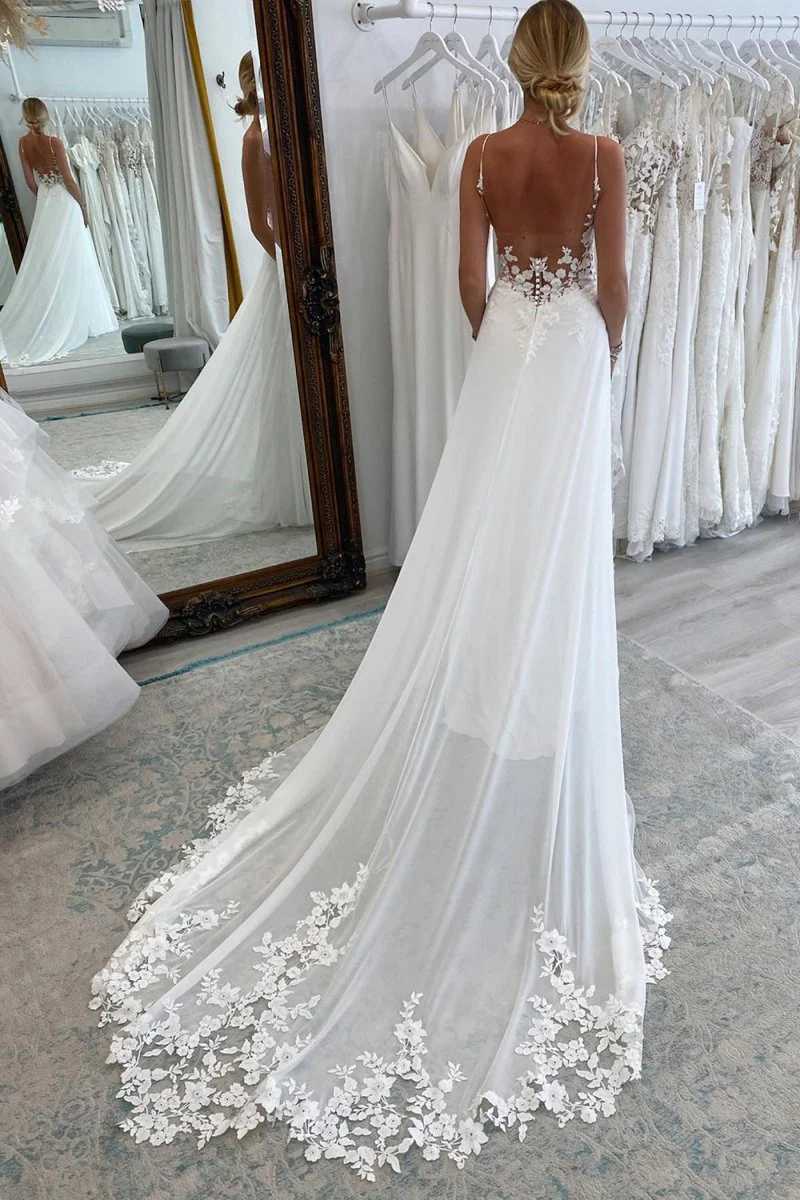 White Long Chiffon Boho A-Line Wedding Dress with Lace