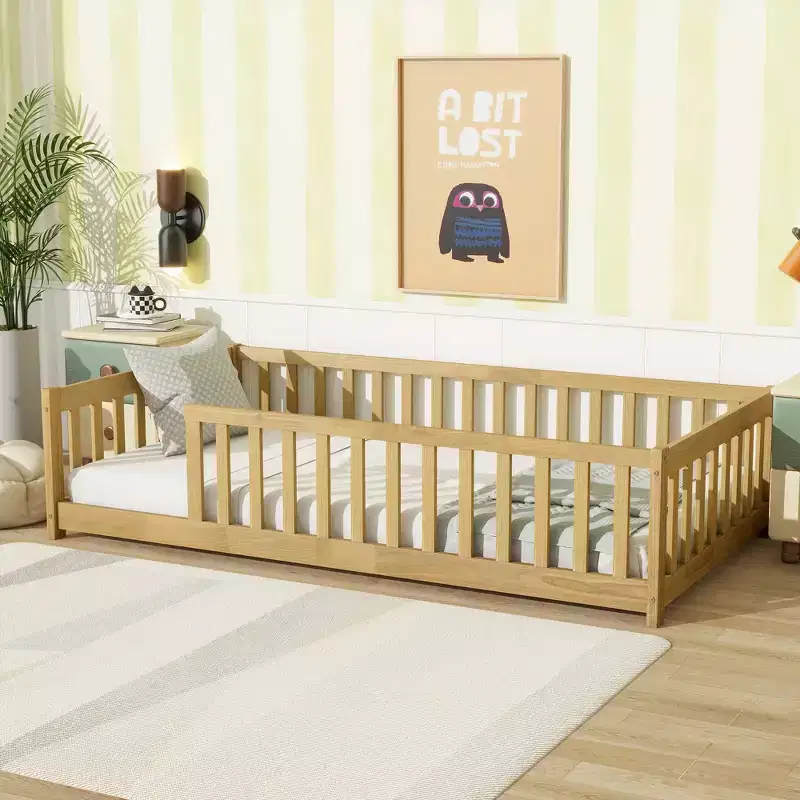 Bellemave Twin Size Montessori Floor Bed with Safety Fence, Kids Platform Bed with Guardrails, Solid Wood Frame, for Toddlers & Kids Bedroom