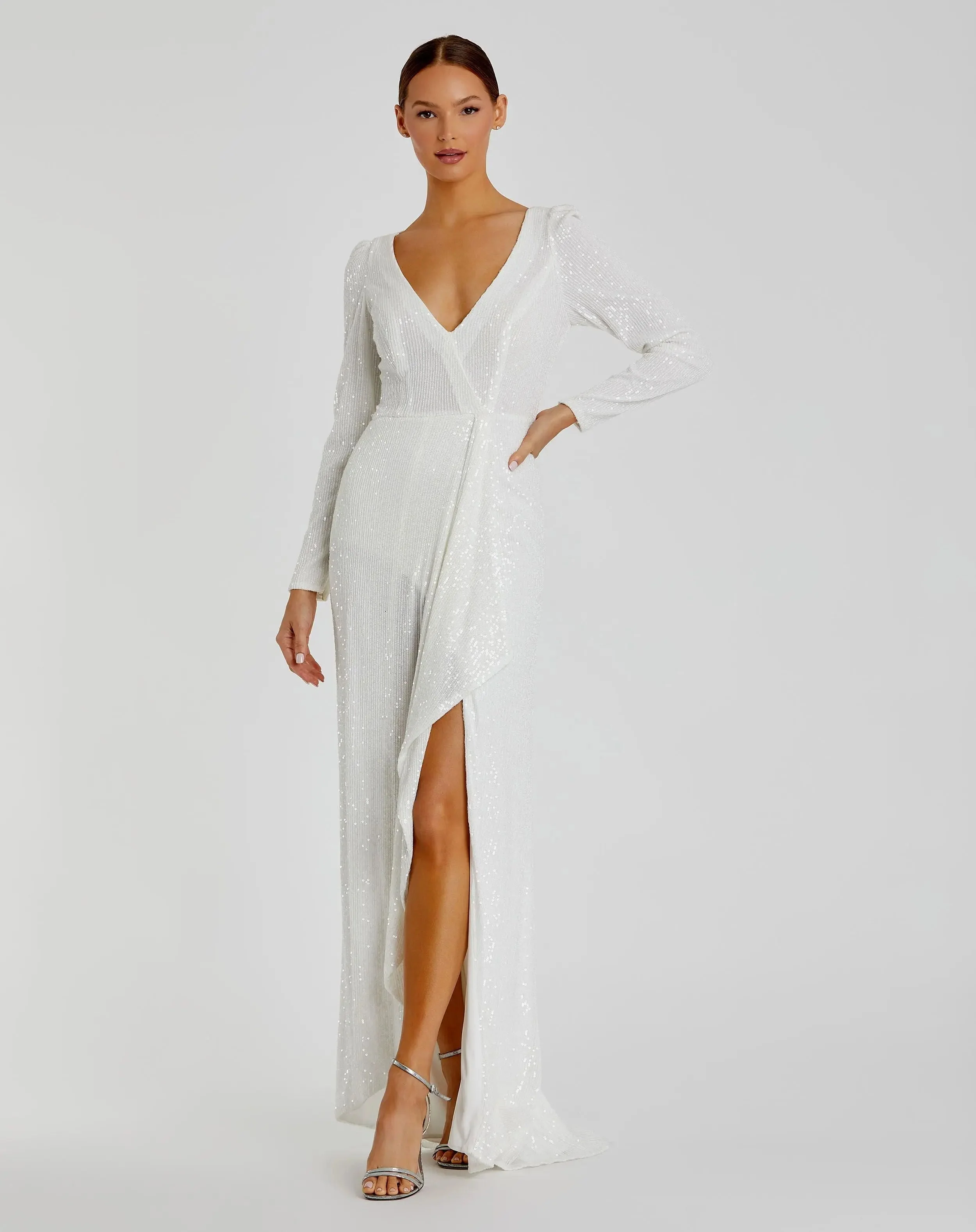 Faux Wrap Long Sleeve Sequin Gown