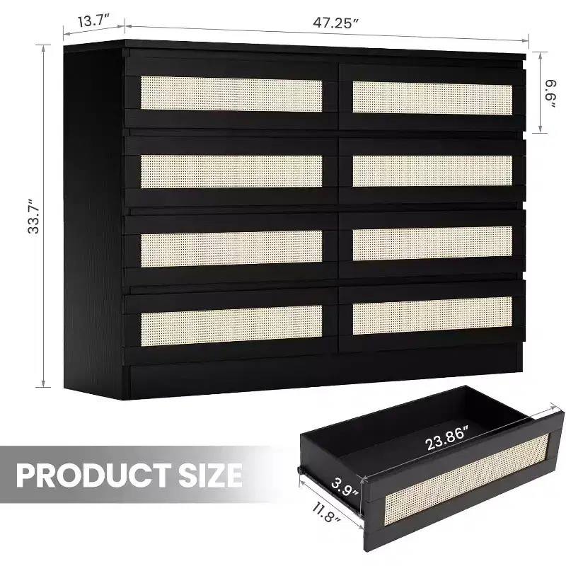 8 Drawer Double Dresser for Bedroom, Rattan Chest of Dressers, Modern Wooden Dresser Chest, Beside Table for Closet, Living Room and Entryway