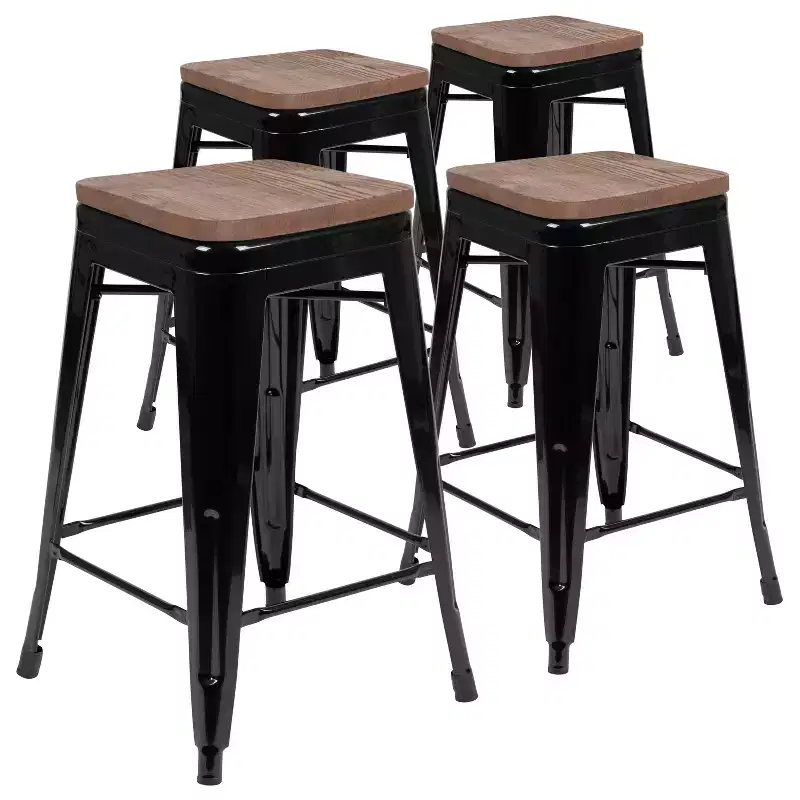 Emma and Oliver 24 High Metal Counter-Height, Indoor Bar Stool with Wood Seat - Stackable Set of 4
