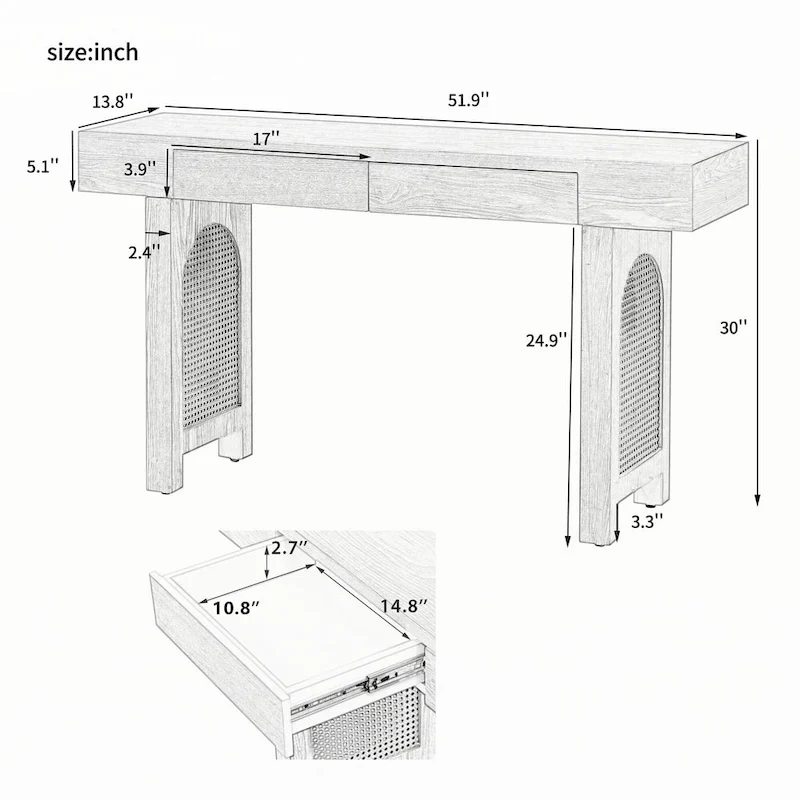 Narrow Console Table with Rattan Accent(Antique Black)