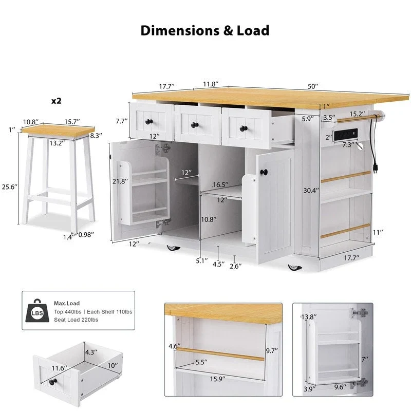 Frost 53inch Large Kitchen Island with Drop Leaf
