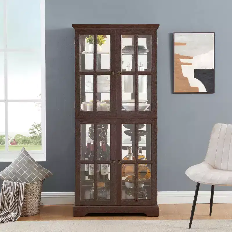 Antique Glass Display Cabinet with Grid Doors, Adjustable Shelves, and Integrated Lighting for Collectibles