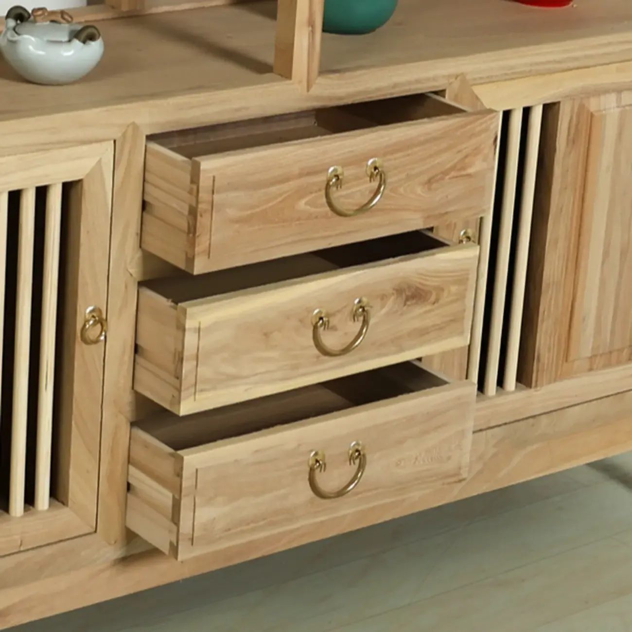 Natural Finish Wood 2-Shelf Sideboard with Drawers