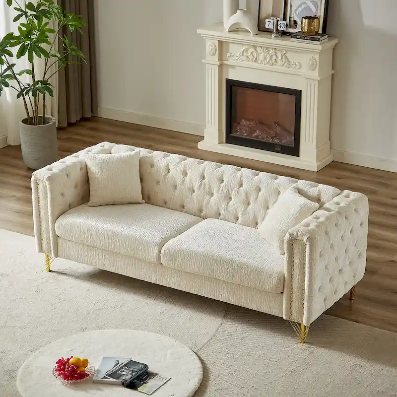 Chenille Tufted 3-Seater Sofa with Nailhead Trim and Metal Legs