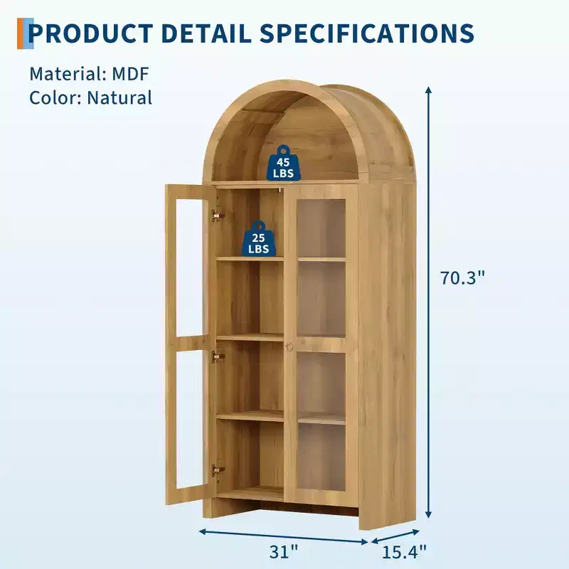 70 Tall Arched Pantry Cabinet with Acrylic Doors  5-Tier Adjustable Shelf Wooden Storage Cabinet, Modern Bookshelf for Kitchen, Dining & Living Room