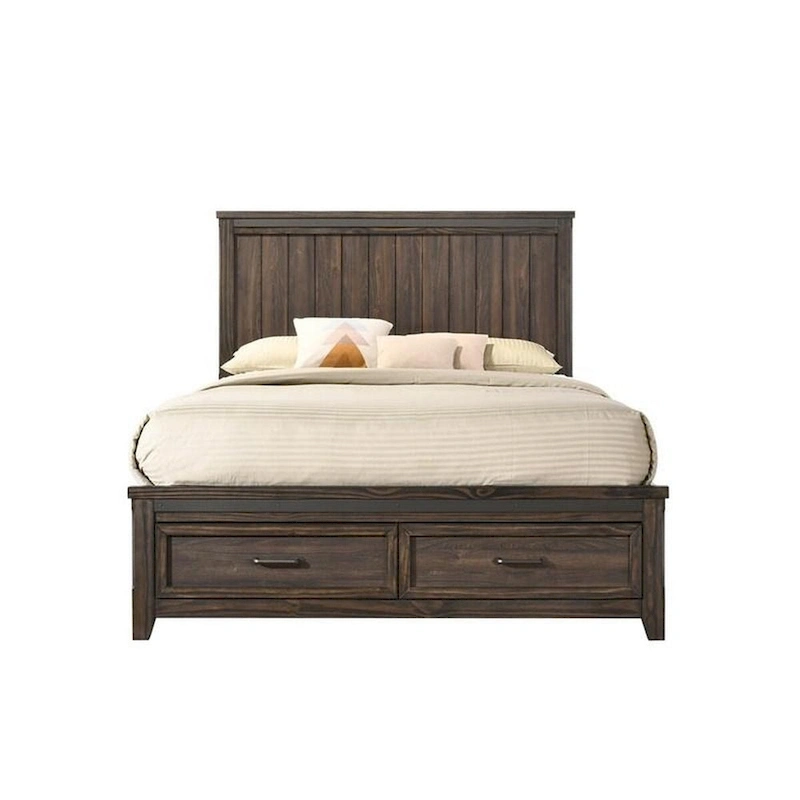 Sea Queen Size Bed, Rustic Modern Design, Panel Headboard, Brown Wood
