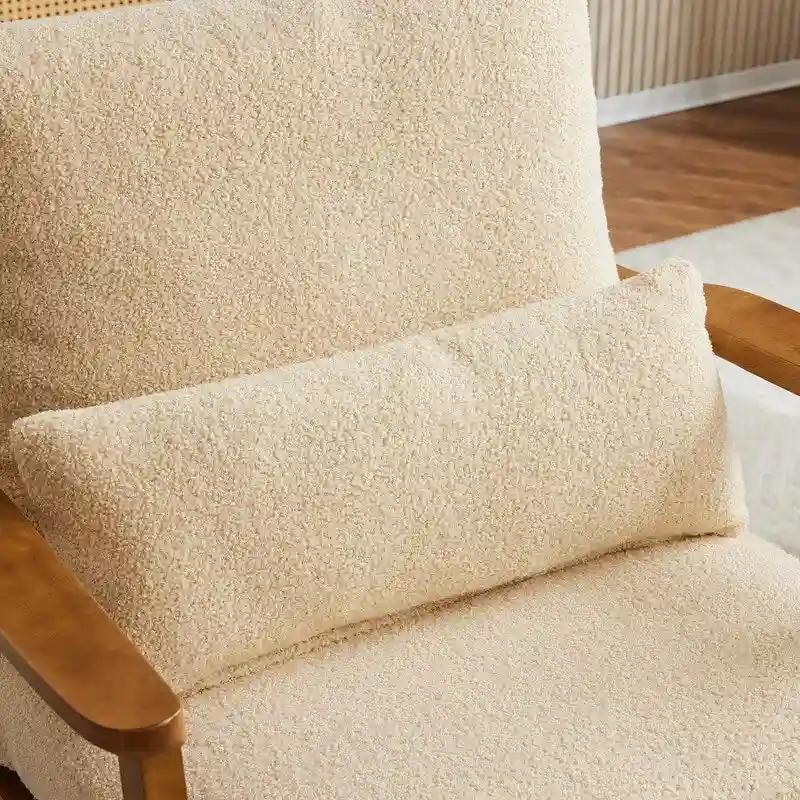 Upholstered Linen Blend Accent Chair with Wooden Legs and Pillow, Beige