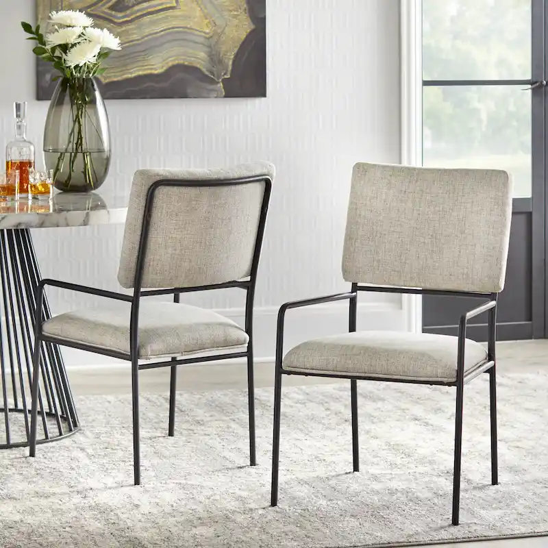 Cream/Black Upholstered Dining Chair with Armrests, Set of 2
