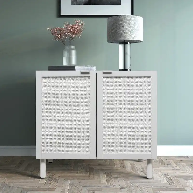 White Rattan 2-Door Storage Cabinet