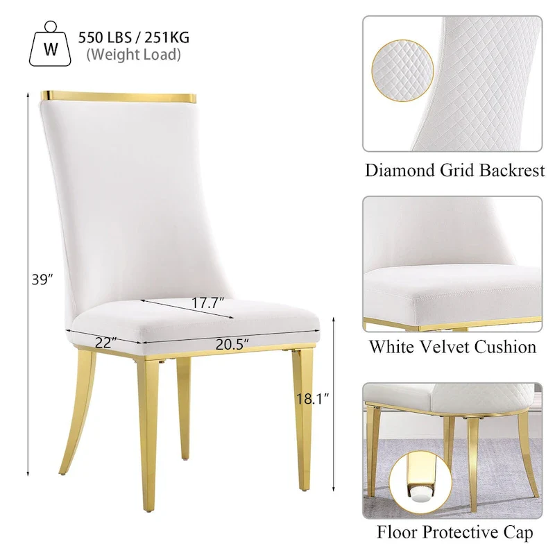 Velvet Dining Room Chairs with Reticulate Texture Back and Metal Trim Top