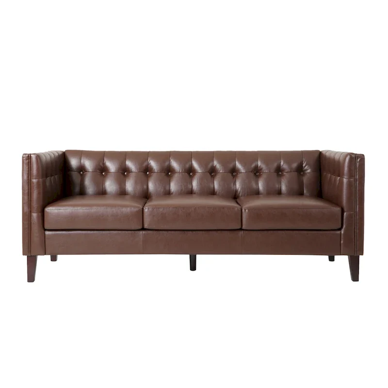 Contemporary Faux Leather Button-Tufted 3-Seater Sofa with Birch Wood Legs – Dark Brown / Cognac / Midnight, Seats 3