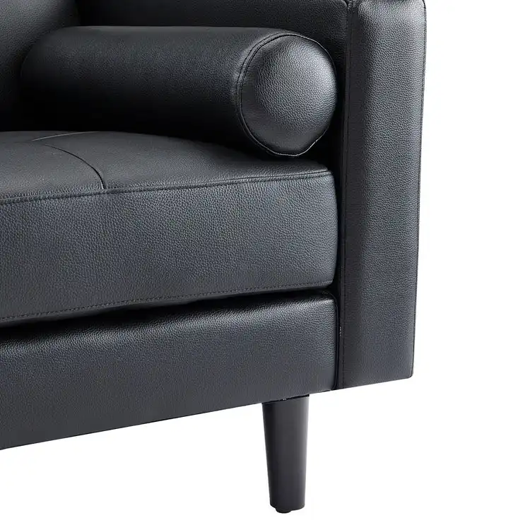 Modern Genuine Leather Sofa with Wooden Legs & Additional Bolster Pillow