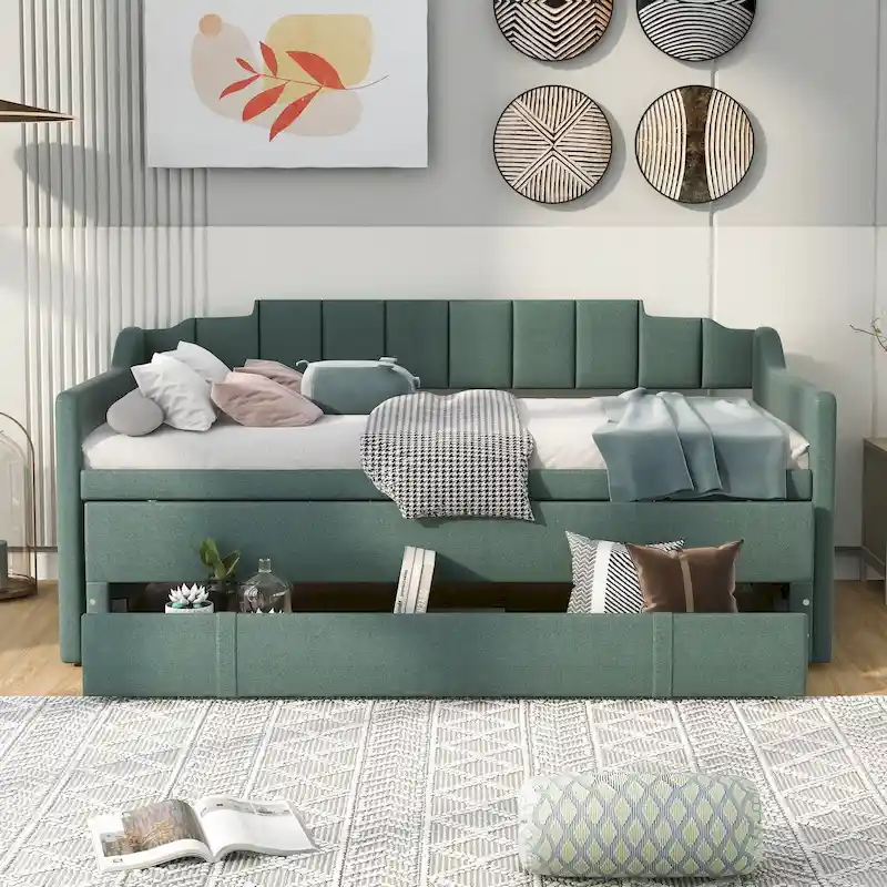 Grey/Green/Beige Twin Upholstered Daybed with Trundle & 3 Drawers, Sleeps 2