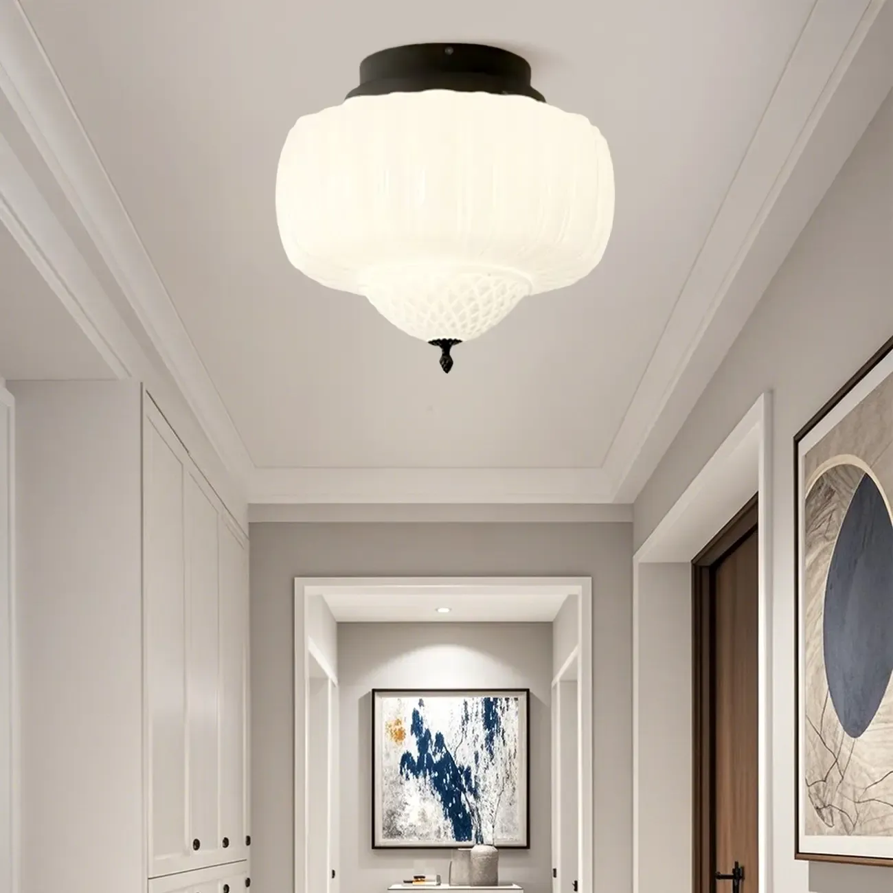 Mini Modern Round Drum Glass Semi Flush Ceiling Light