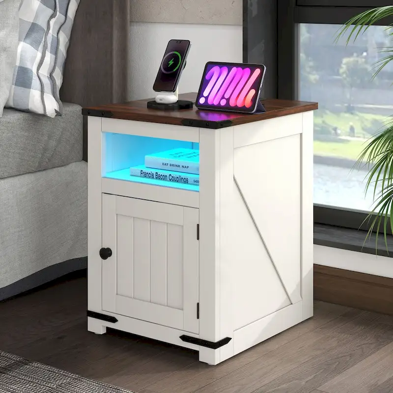 Farmhouse LED End Table with Charging Station and USB Ports