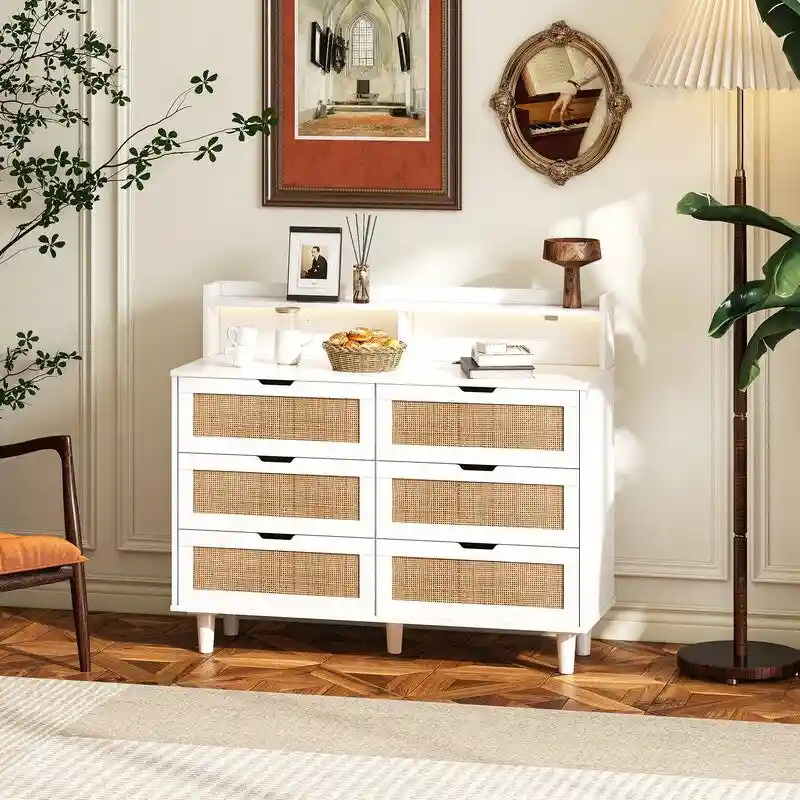 6-Drawer Rattan Sideboard with LED Lights & Power Outlet – White / Black / Oak