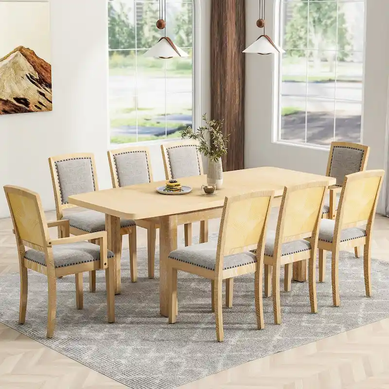Brown Extendable Dining Table with 8 Upholstered Chairs