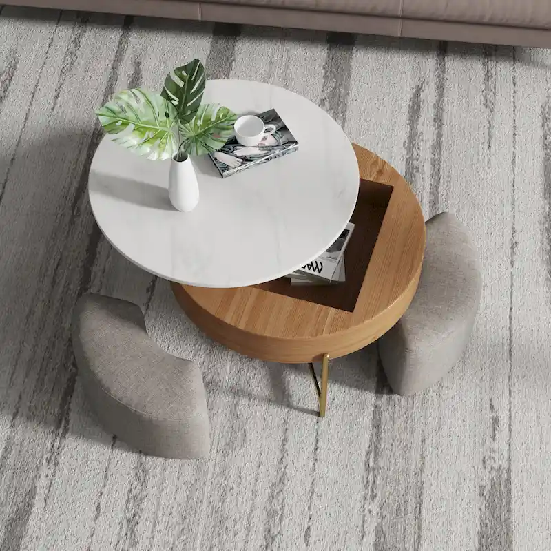 Round Lift-Top Coffee Table Set with 3 Ottomans