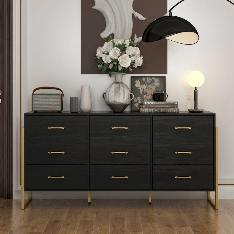 Elegant 9-Drawer Dresser with Gold Accents - Black Stripe Finish Chest