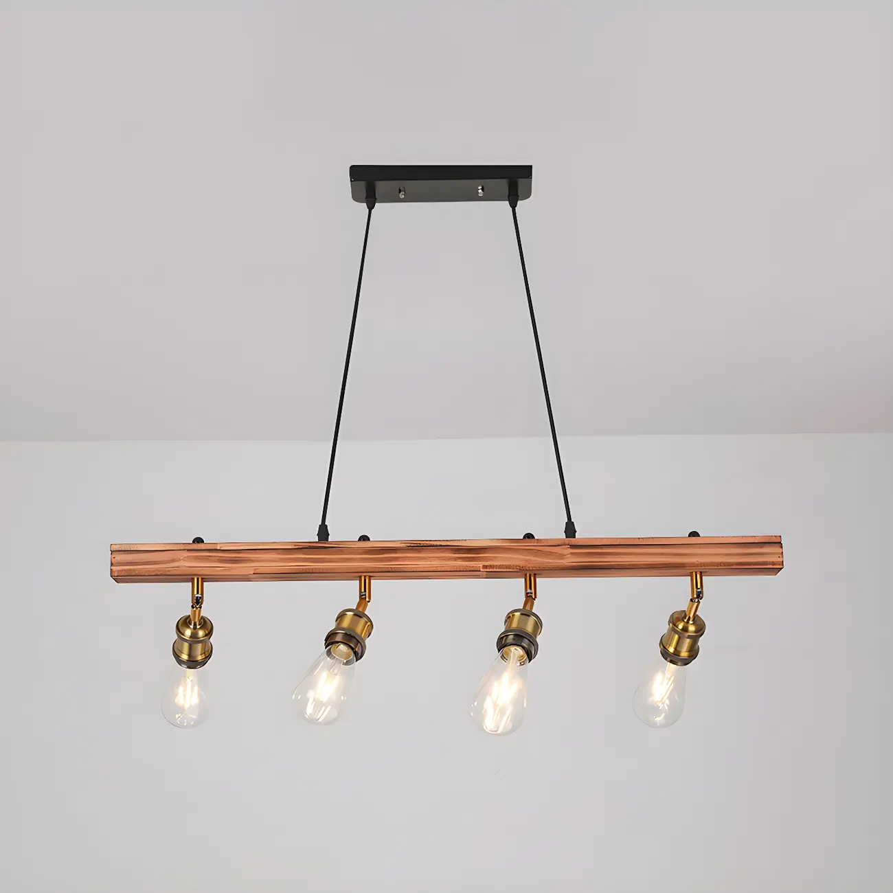 Industrial Brown Wood Brass Adjustable 31.5 Pendant Light