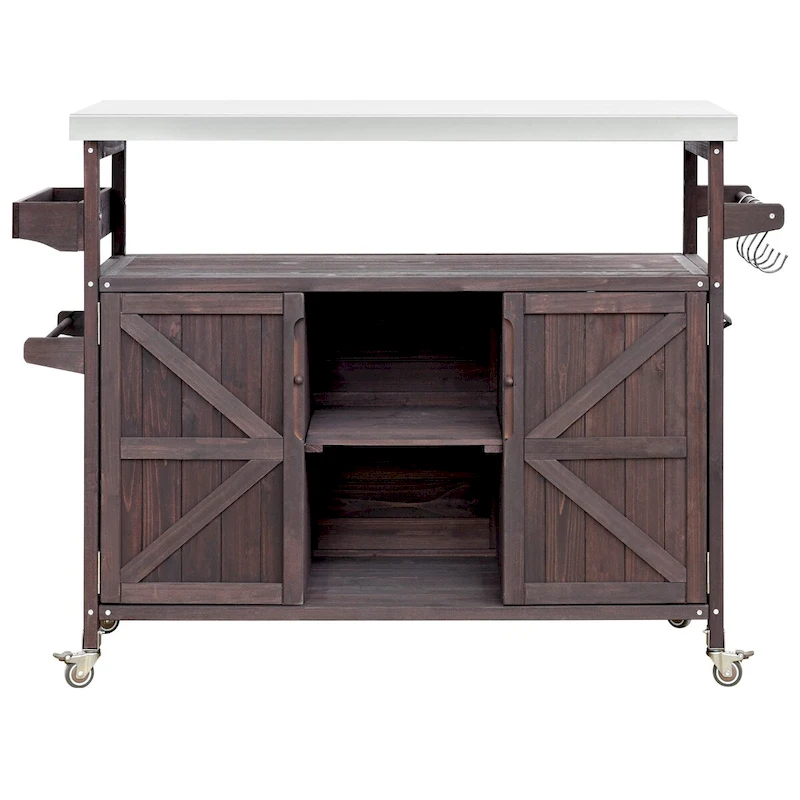 50.25 in. Farmhouse Solid Wood Outdoor Kitchen Island Grill Cart with Stainless Steel Top