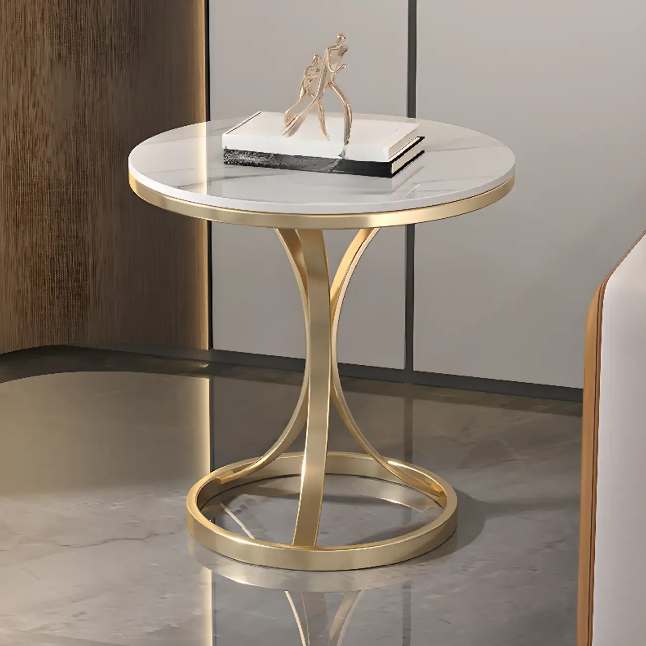 Round Gold Metal and Marble End Table for Living Room