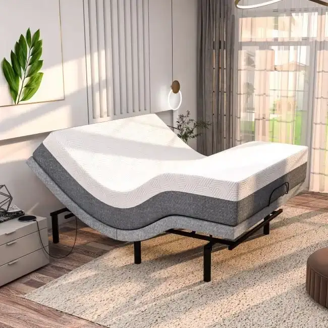 Renanim Adjustable Bed Base with 12-inch Hybrid Mattress, Dual Massage, USB Ports, App Control, Underbed Light, Remote