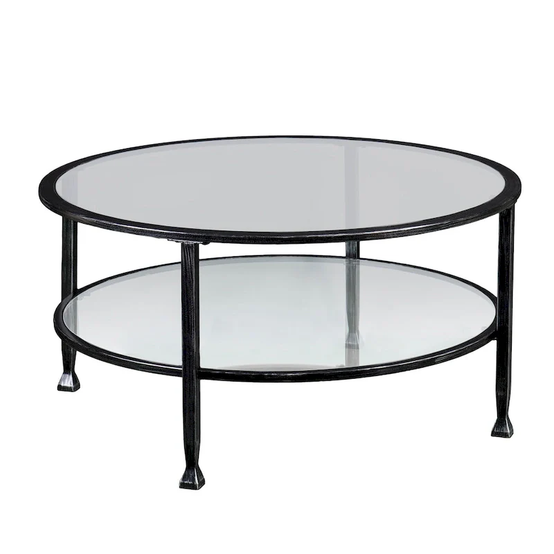 SEI Furniture Glenn Distressed Black Metal Round CoffeeTable with Glass Top and Shelf