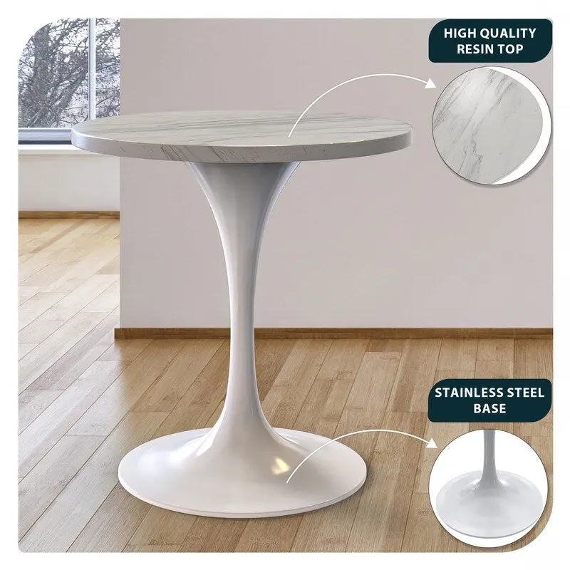 Round Dining Table with White Resin Top and White Steel Pedestal Base