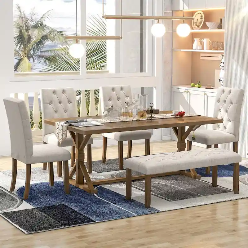 6-Piece Farmhouse Dining Table Set with 72-Inch Rectangular Wood Table – Grey/Espresso/Walnut
