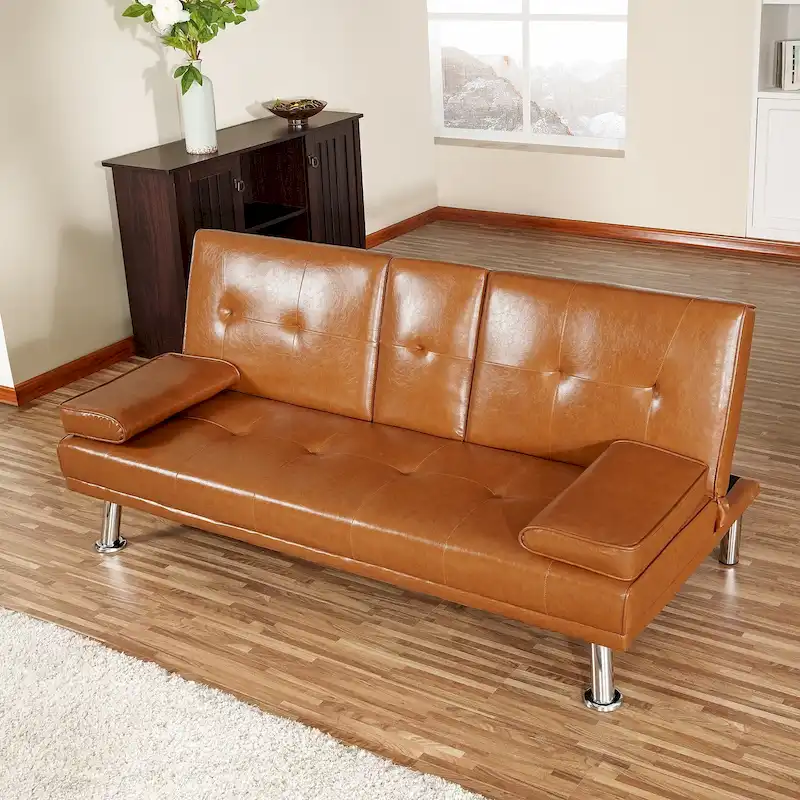 Futon Sofa Bed Couch with Armrest & Cupholders, Faux Leather Sofa Bed Couch Convertible Folding Reclining Small Couch