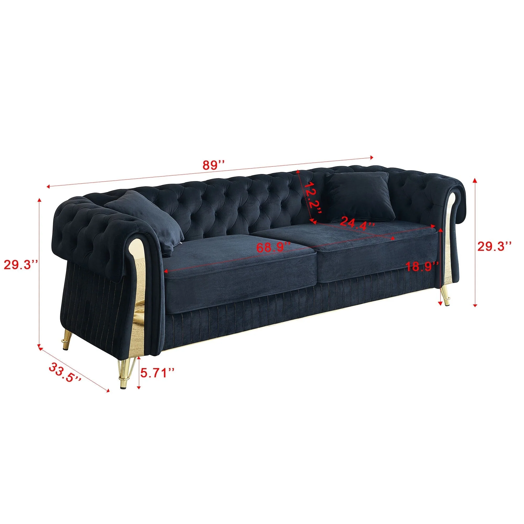 89 Velvet 3-Seater Sofa Sofa with Two Seat Cushions and Two Toss Pillows