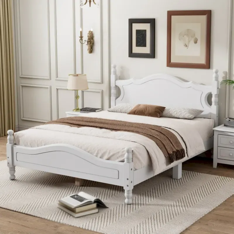 Full Size Retro Wood Platform Bed Frame, White/Black, Wooden Slat Support, 1-Person