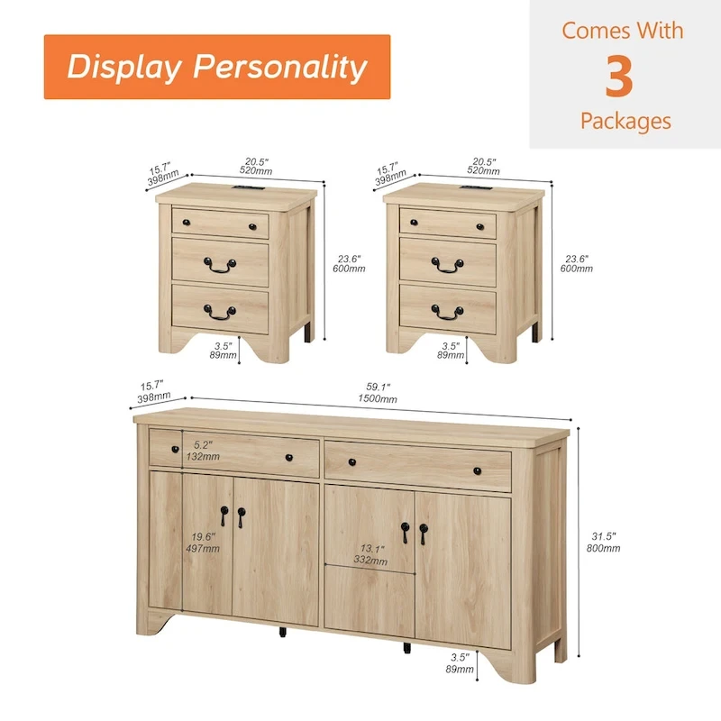 WAMPAT Farmhouse 3PCS Bedroom Set, 59