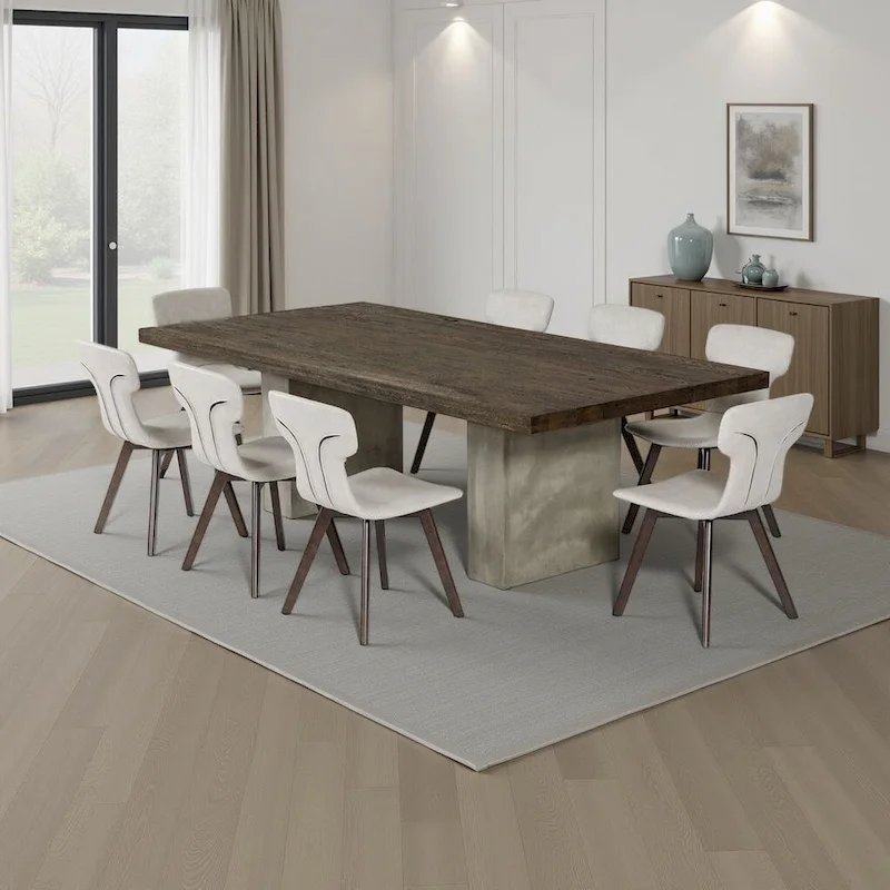 Cid Ari Dining Table, Concrete Base 118 Inch Rectangular Brown Oak Top