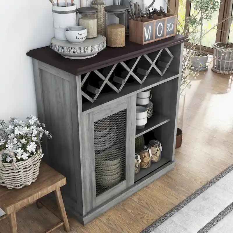 DH BASIC Farmhouse Four Shelf and Four Bottle Lattice-like Wine Buffet by Denhour