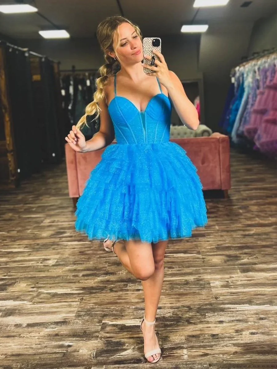 Blue - V Neck Tulle Ruffles A-line Short Homecoming Dresses