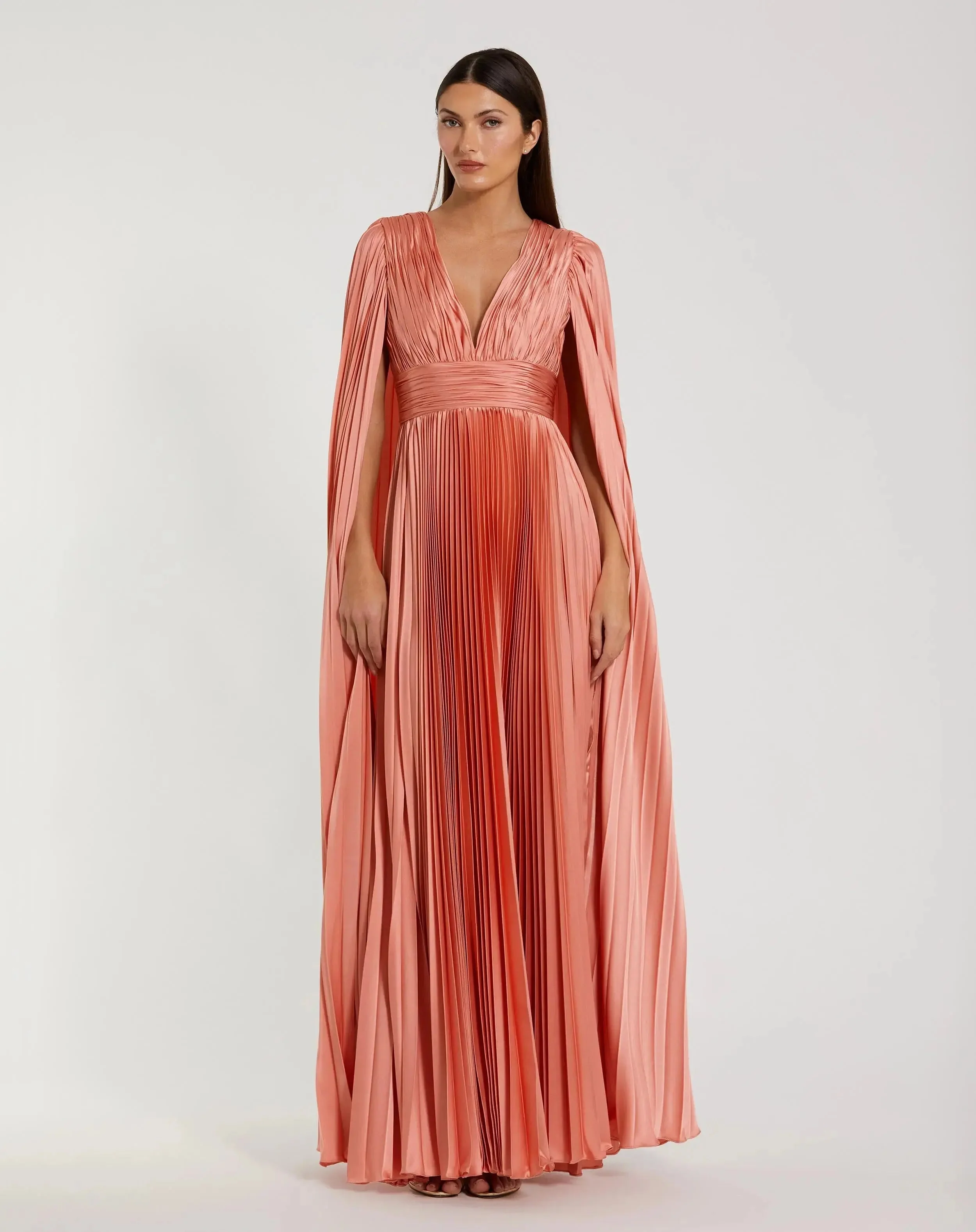 Pink Pleated Charmeuse V Neck Gown With Cape