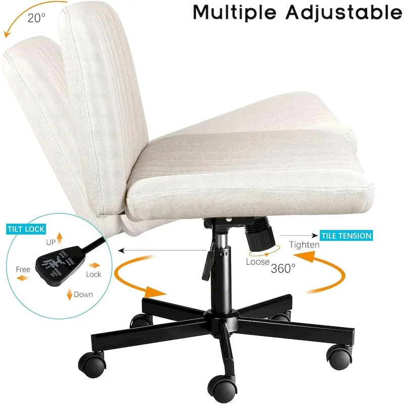 Bossin Criss Cross Chair Armless Office Desk Chair with Wheels,Fabric Padded Cross Legged Chair, Swivel Wide Seat Vanity Chair